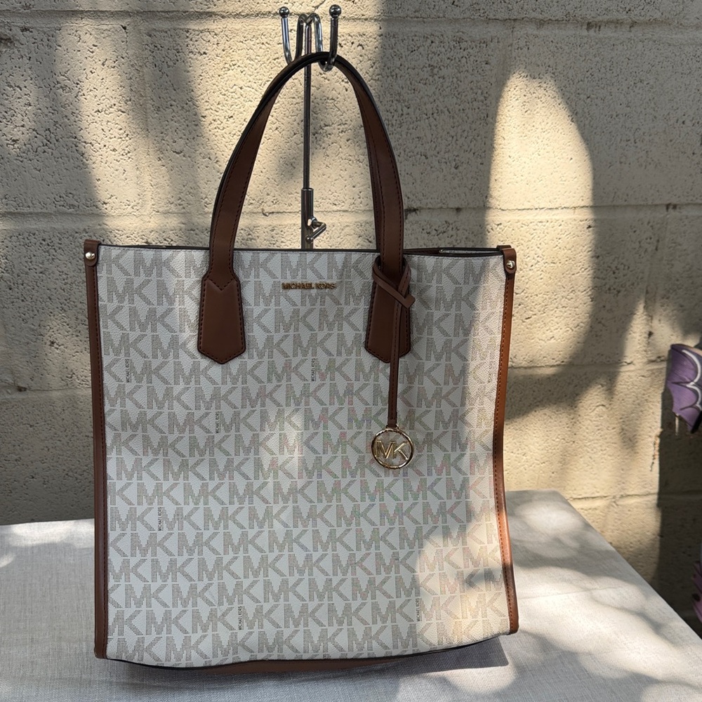 Michael Kors Beige MK Logo Canvas Tote with Brown Trim